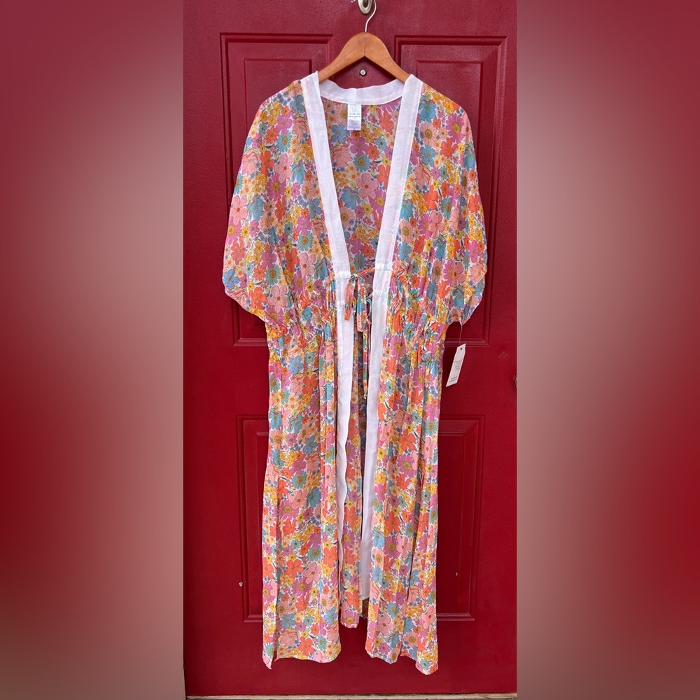 Women’s 1X Floral Kimono Cover Up Duster Robe Boho Lightweight Tie Waist Pink